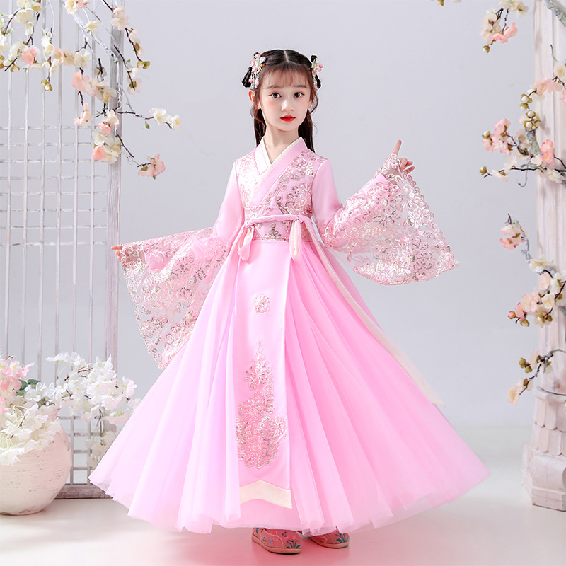 女童汉服春秋2023新款唐装长袖儿童古装公主裙中国风表演服连衣裙