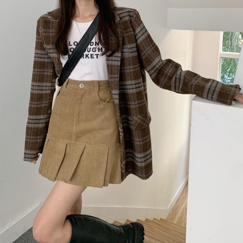 大码灯芯绒半身裙女秋冬学院风百褶裙胖mm高腰显瘦百搭a字短裙子