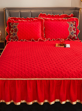 冬季大红色水晶绒夹棉床笠单件带裙边加绒床罩床围保护套全包防滑