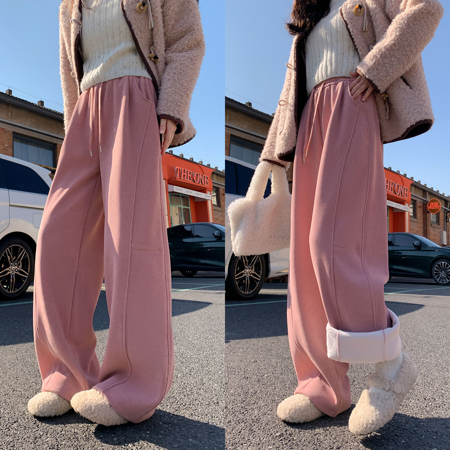 粉色灯芯绒裤子女秋冬季加厚卫裤