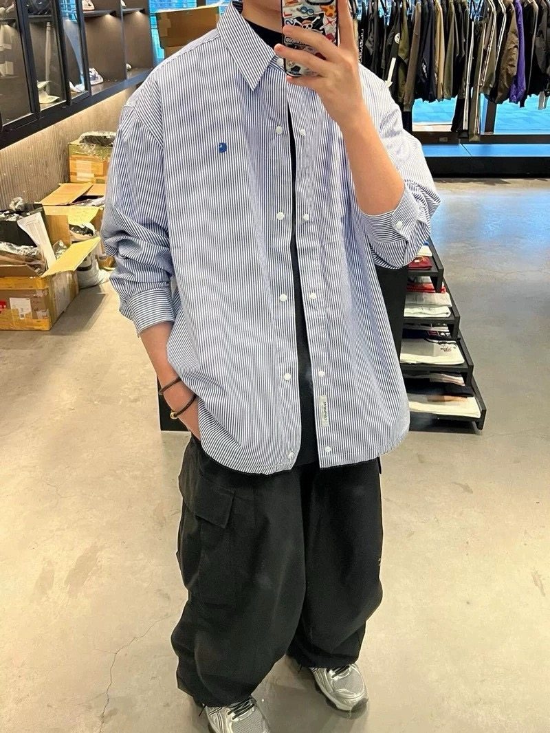 CHRT卡家天丝棉新款竖条纹抽绳刺绣小标宽松长袖衬衫外套男女美式