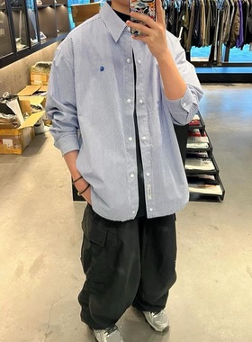 CHRT卡家天丝棉新款竖条纹抽绳刺绣小标宽松长袖衬衫外套男女美式