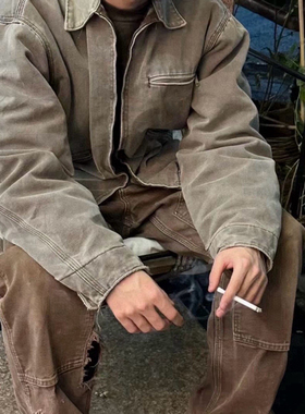 卡家风美式工装重磅J97自主古着风水洗做旧底特律夹克外套加厚男