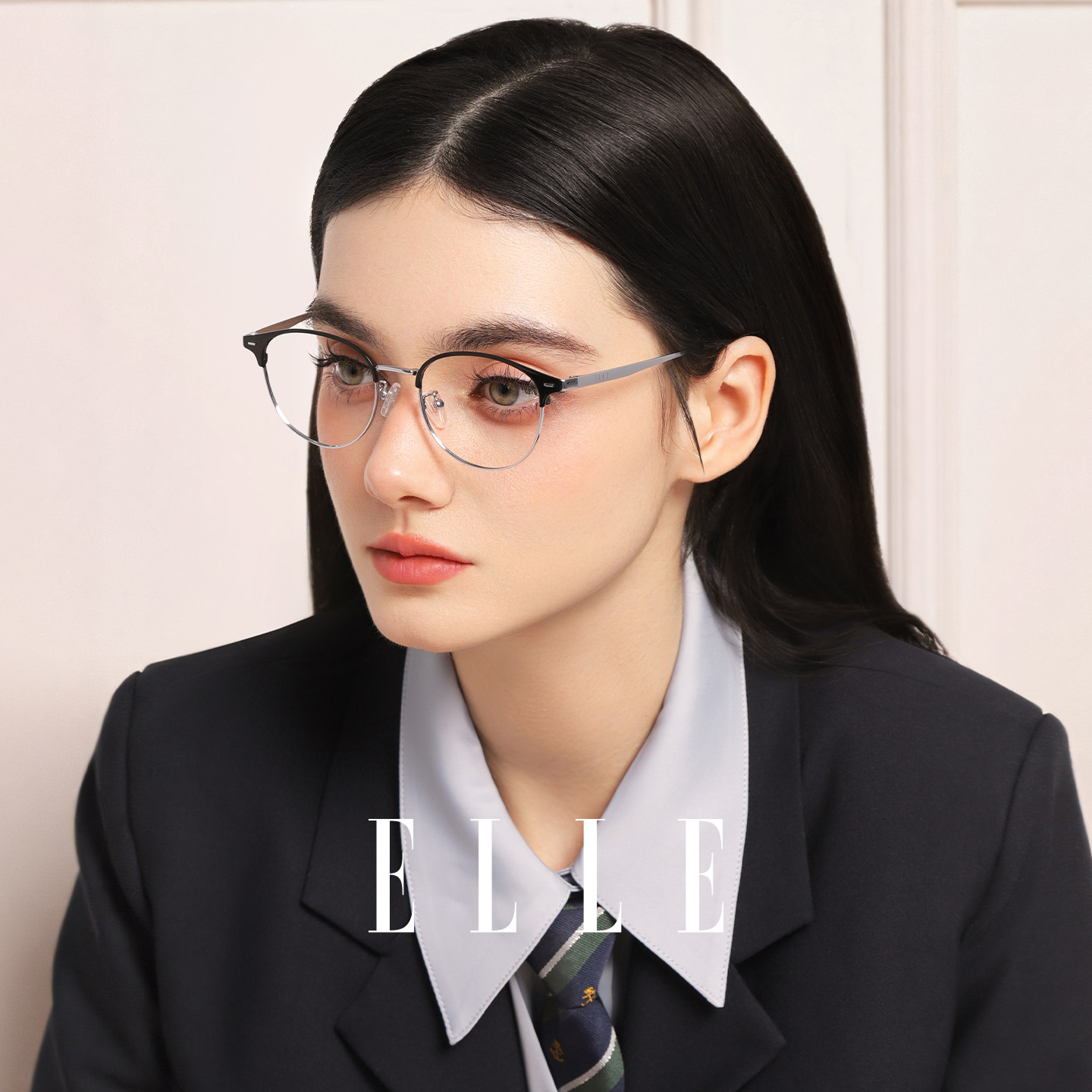 ELLE黑银色高级感商务眉框眼镜