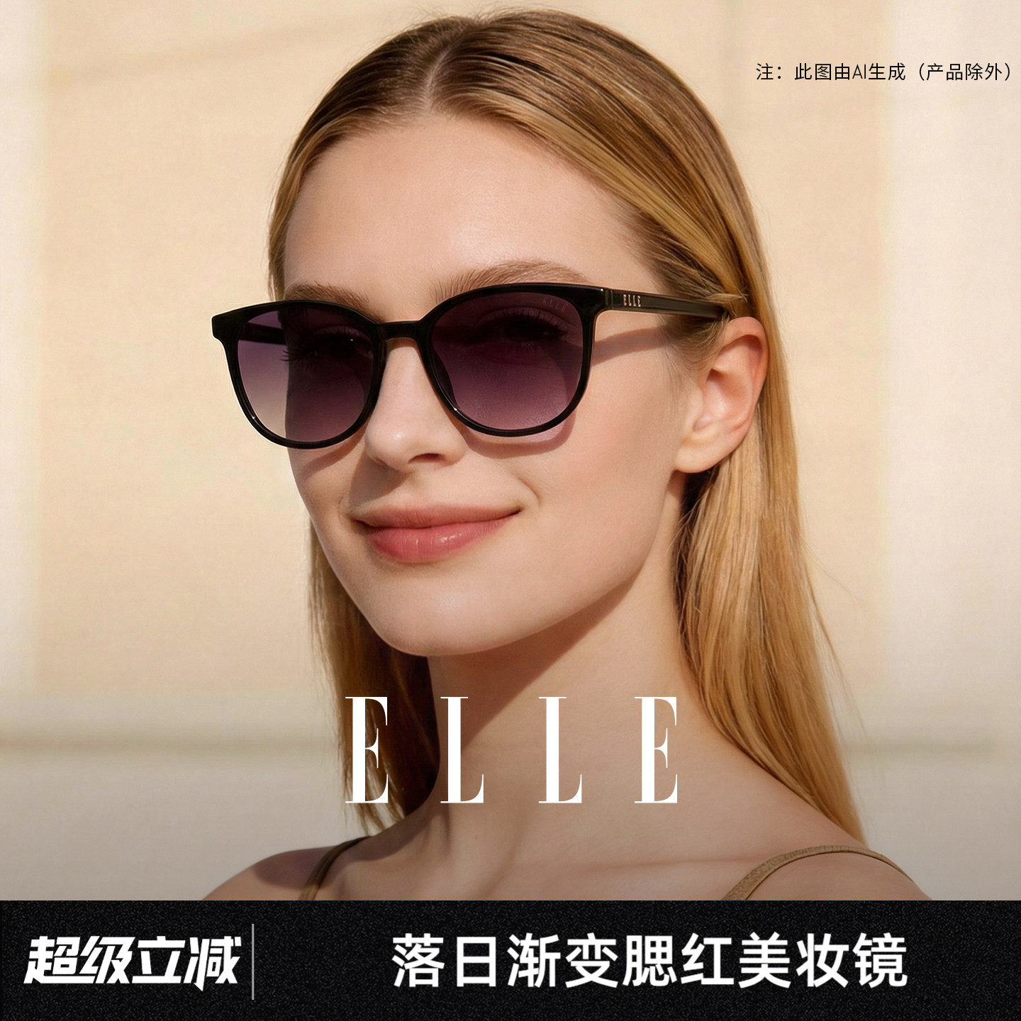 ELLE超轻大框墨镜女款2026新款防晒太阳镜渐变紫粉腮红美妆镜