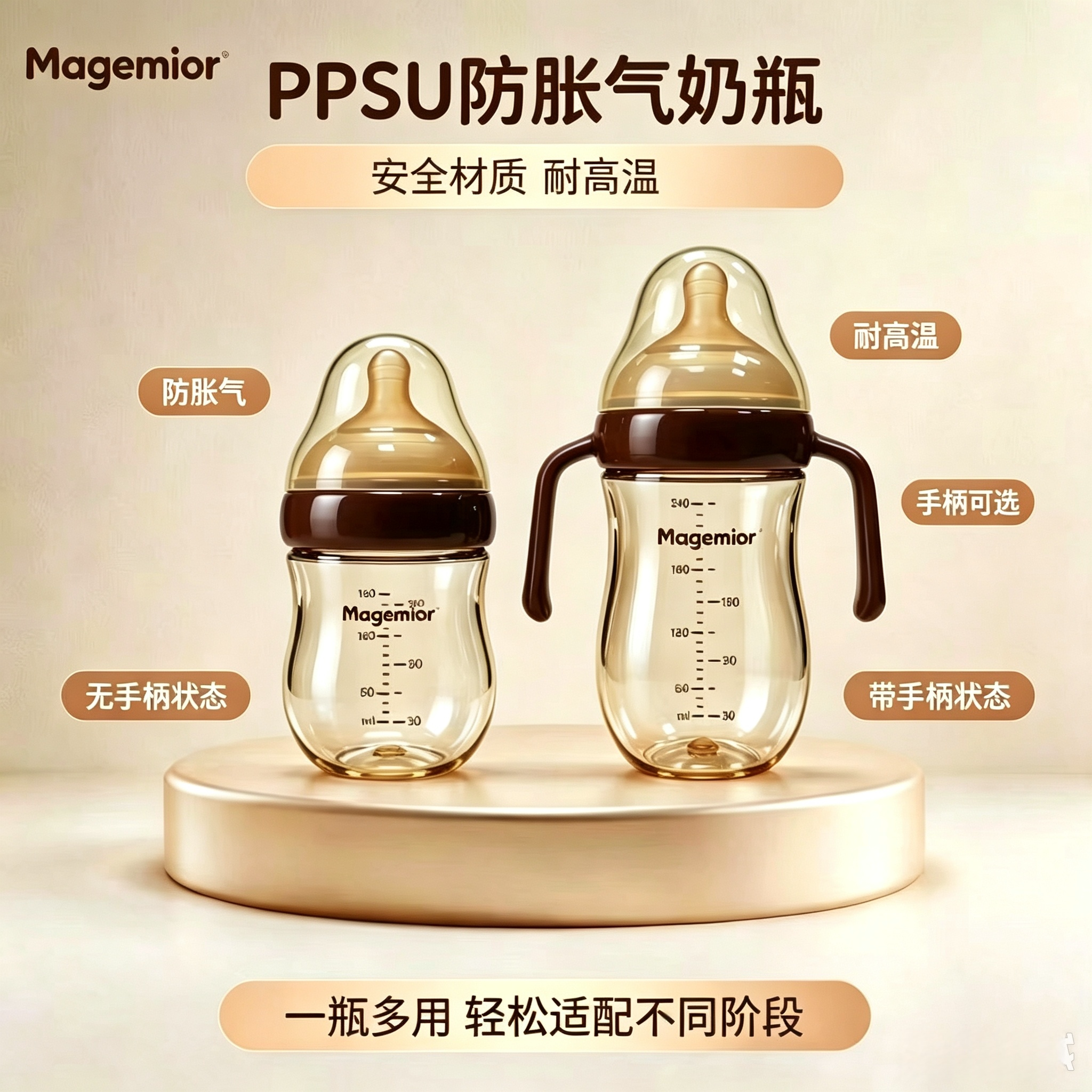 通配世喜奶瓶PPSU新生儿防胀气带手柄款安全防母乳0到1岁防呛耐摔