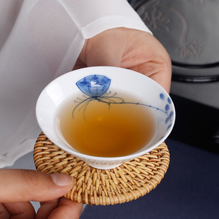 手绘斗笠杯薄胎单个小茶杯陶瓷单只品茗杯青花瓷主人杯功夫茶单杯