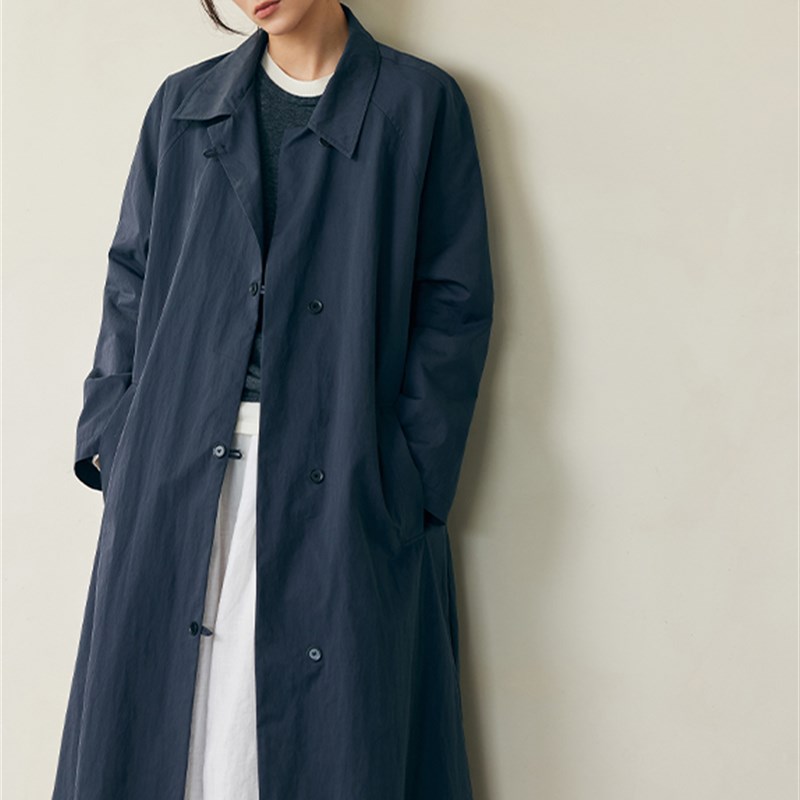 JANEONESS 经典翻领双排扣风衣外套秋季女宽松纯色长款外套两色
