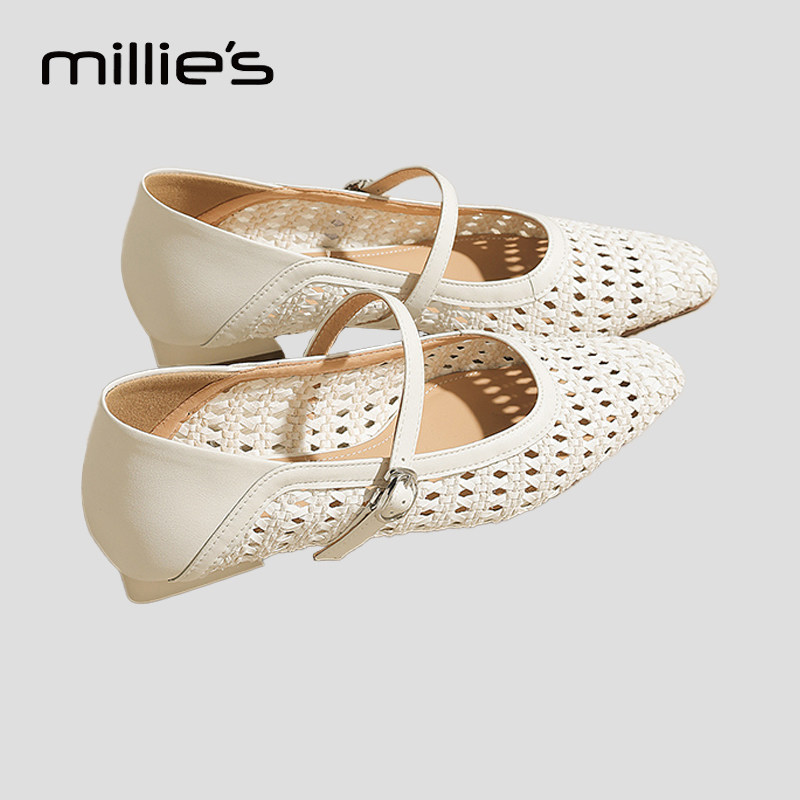 妙丽官方旗舰店真皮法式浅口单鞋女2025夏季新款编织透气高跟凉鞋