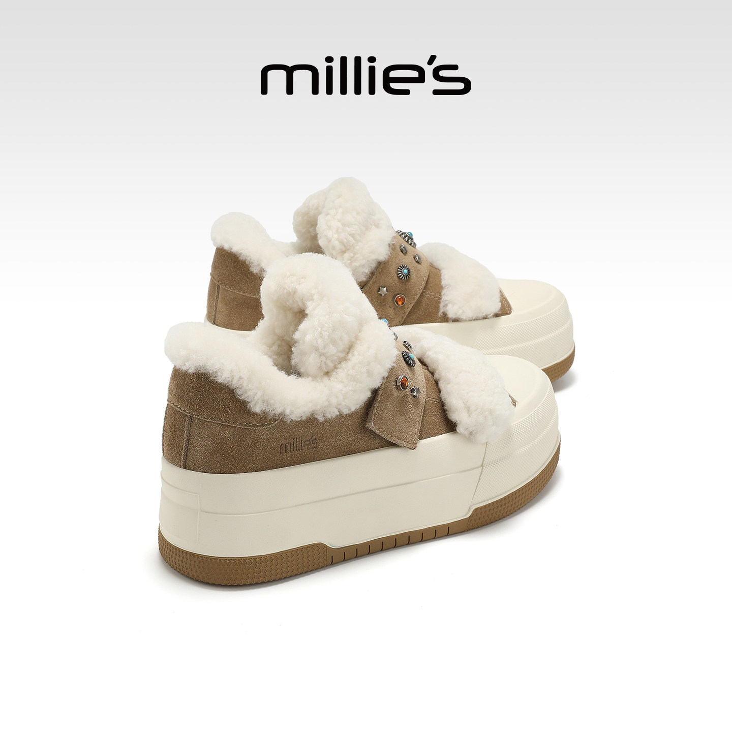MILLIE'S/妙丽女鞋2026新款冬季加绒松糕底魔术贴棉鞋百搭德训鞋Q