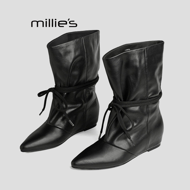 MILLIE'S/妙丽黑色真皮尖头堆堆靴女士绑带内增高坡跟中筒时装靴N