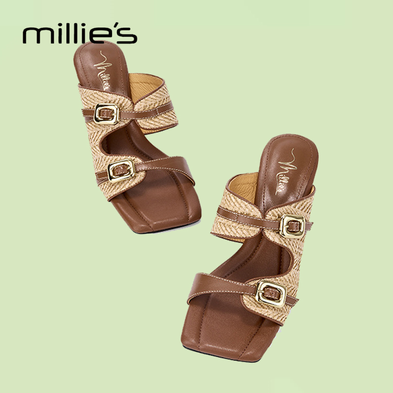 MILLIE'S/妙丽真皮坡跟厚底拖鞋