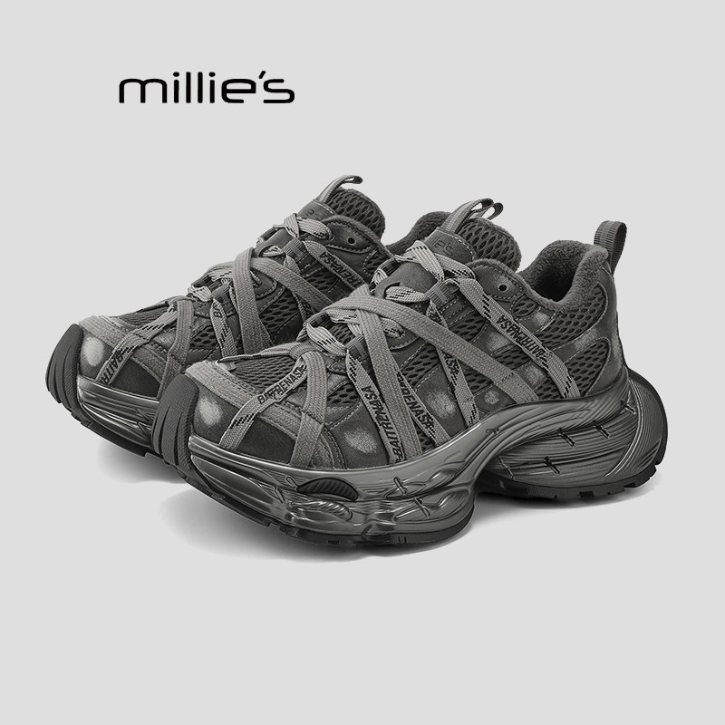 MILLIE'S/妙丽机能风绑带老爹鞋女秋季黑色厚底运动休闲鞋百搭P