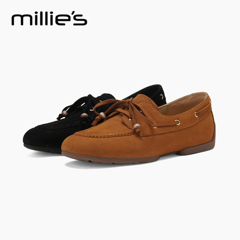 妙丽官方旗舰店豆豆鞋乐福鞋女款2026新款秋季小皮鞋平底单鞋黑色