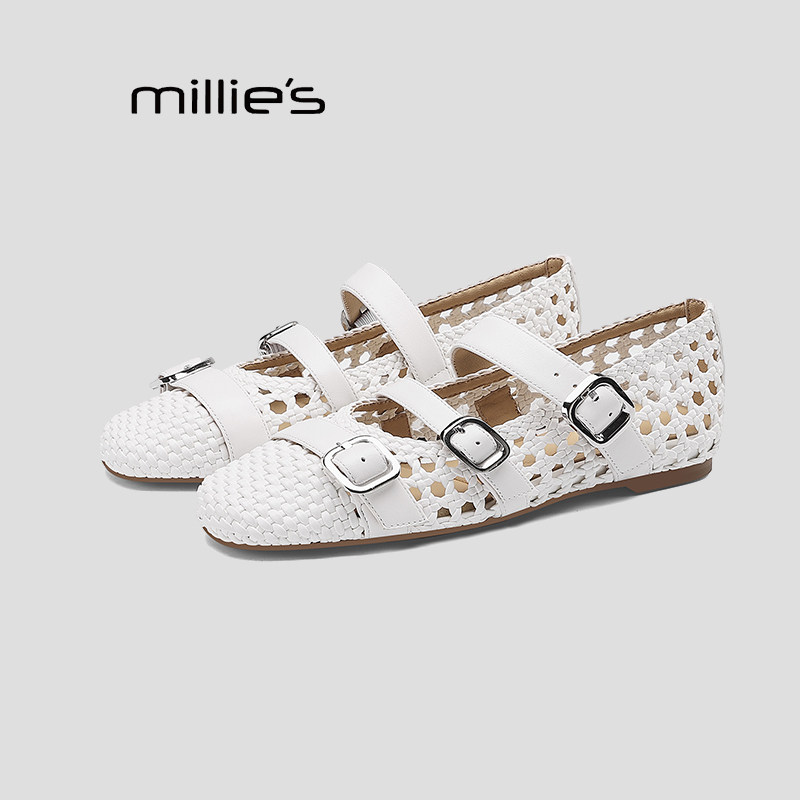 MILLIE'S/妙丽2026新品镂空编织平底凉鞋女夏季透气一字扣休闲鞋P