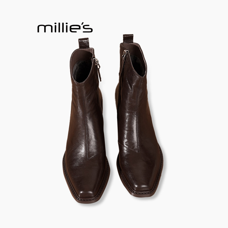 MILLIE'S/妙丽女鞋短靴抓花羊皮粗中跟秋冬皮里后拉链尖头时装靴P