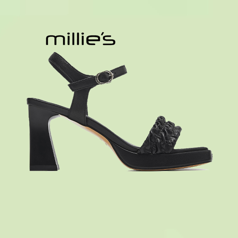 妙丽官方旗舰店露趾粗跟凉鞋2025夏季一字扣带女鞋简约百搭时尚鞋,女鞋,一字带凉鞋,淘宝优惠券,粉丝福利购,淘宝优惠卷