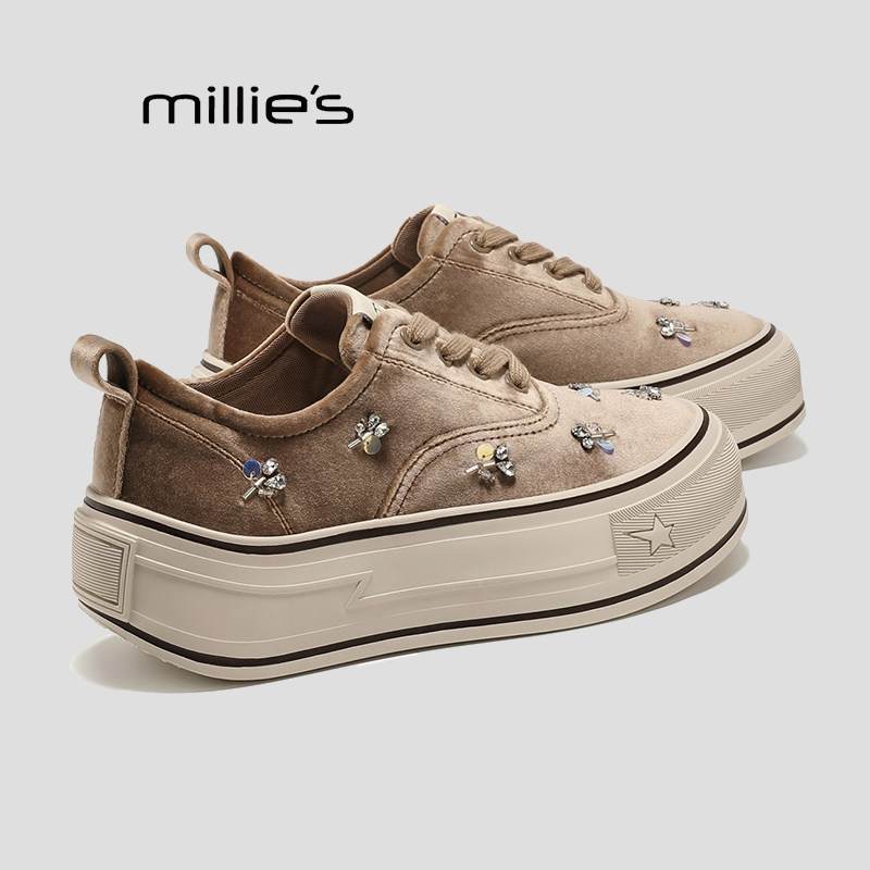 MILLIE'S/妙丽秋冬新款水钻珠片系带帆布鞋厚底增高休闲板鞋子女Q