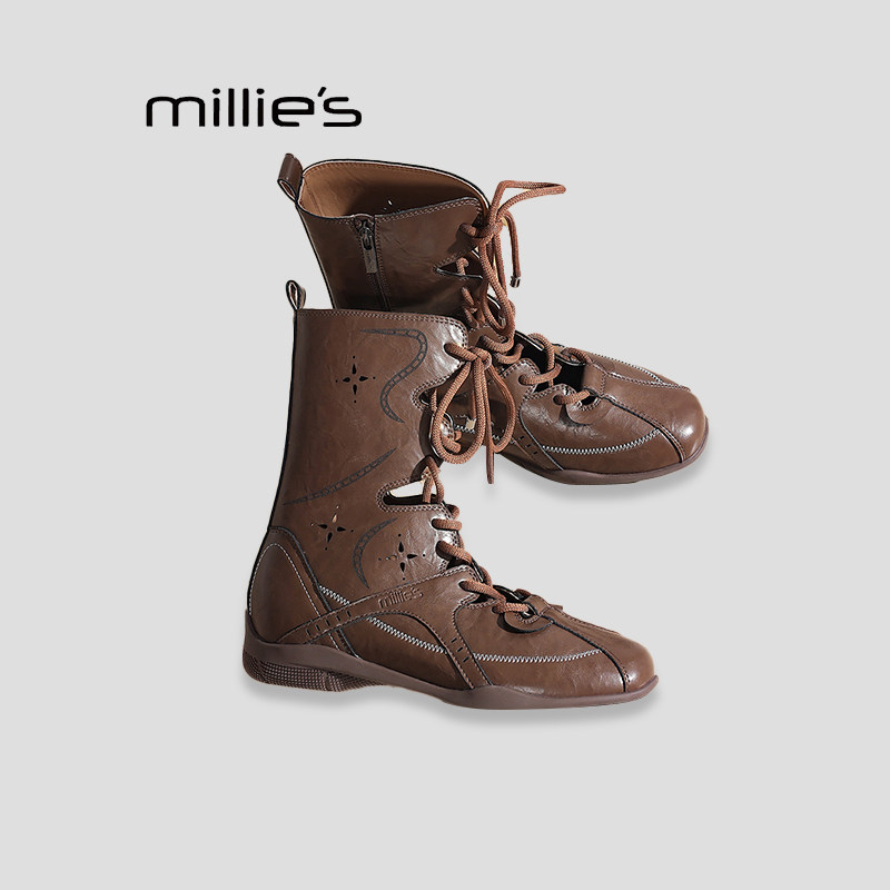 MILLIE'S/妙丽复古马丁靴女款巨好看夏季新款磨砂皮中筒拳击短靴P