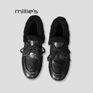 MILLIE'S/妙丽真皮羊皮圆头卷卷毛毛深口系带平底小皮鞋冬款加绒Q