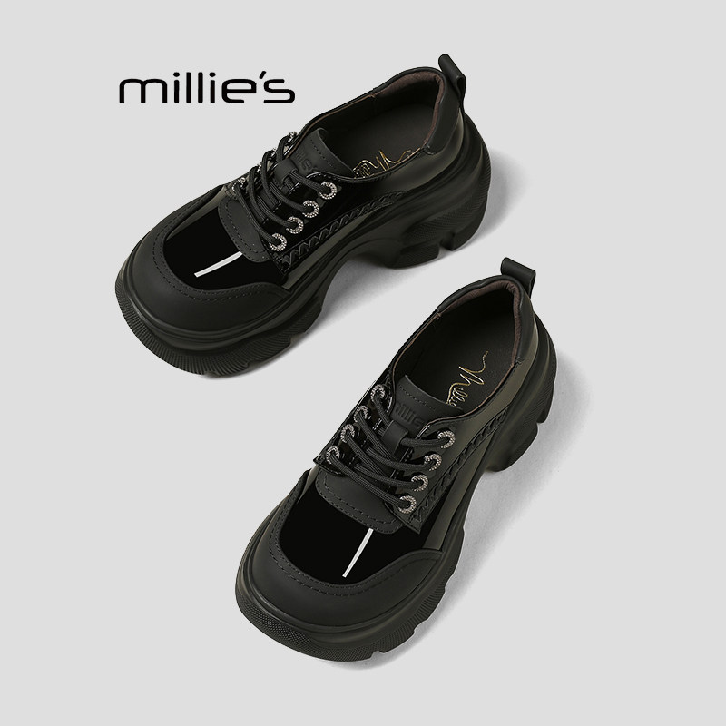 MILLIE'S/妙丽黑色厚底德训鞋女2026春季增高小个子休闲运动鞋Q