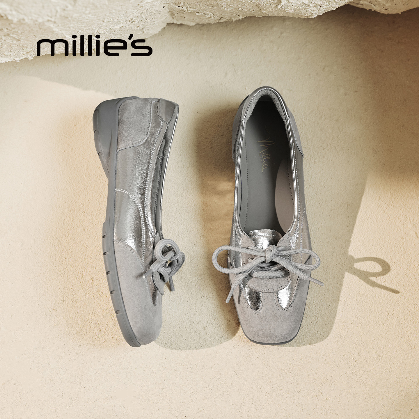 MILLIE'S/妙丽银色系带玛丽珍鞋女平底真皮软底百搭休闲单鞋Z