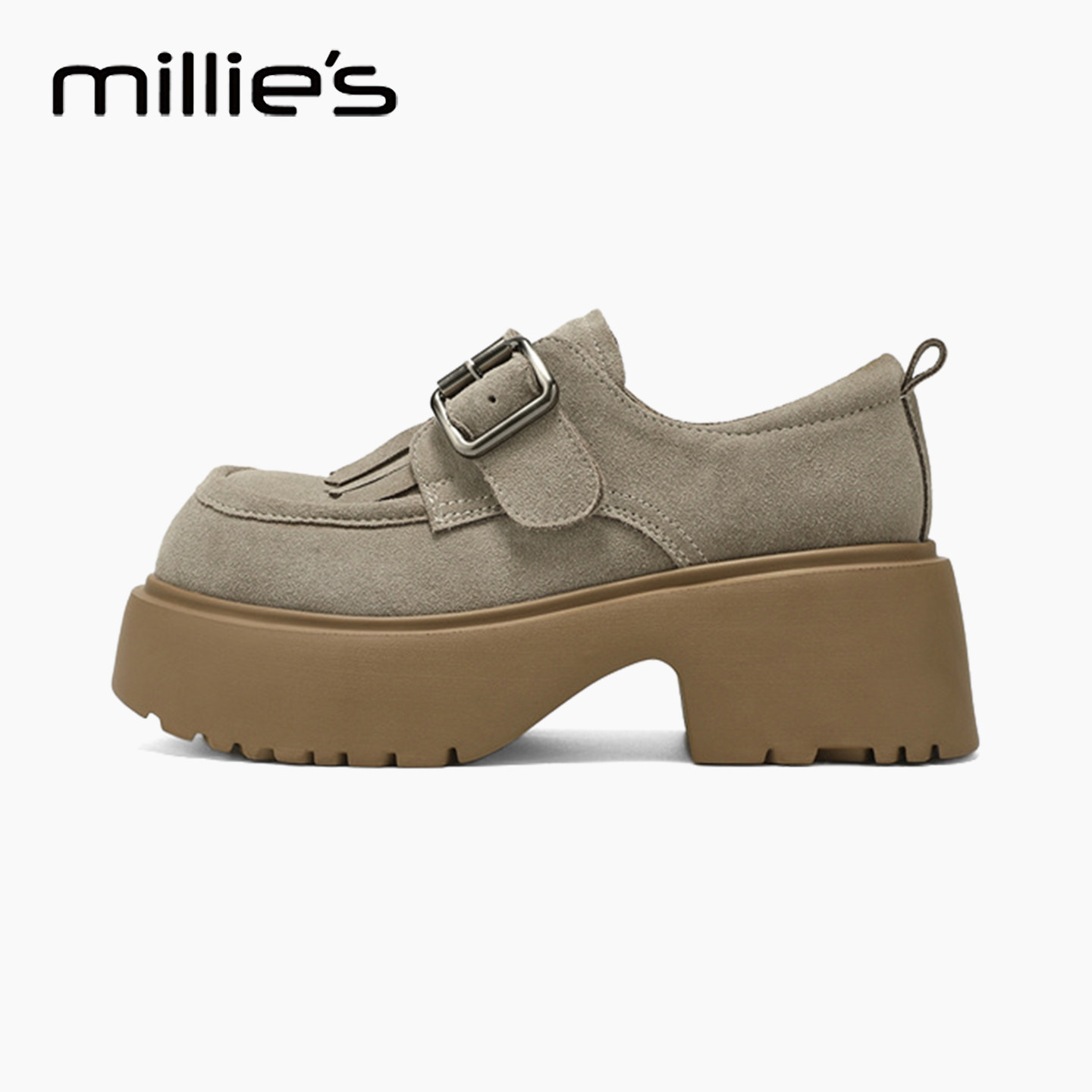 MILLIE'S/妙丽真皮搭扣流苏厚底乐福鞋女新款一脚蹬英伦风小皮鞋H