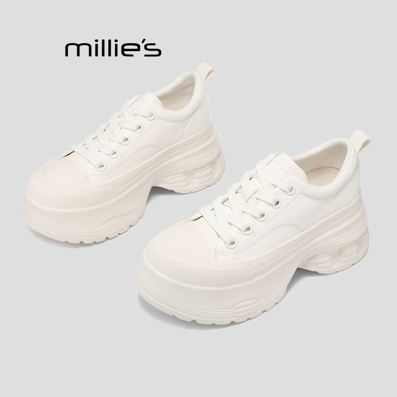 MILLIE'S/妙丽厚底老爹鞋女白色系带增高休闲鞋小个子不累脚P