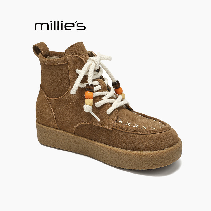 MILLIE'S/妙丽真皮厚底马丁靴女秋复古百搭轻便增高串珠低帮短靴Z
