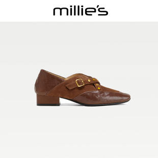 MILLIE'S/妙丽2026新款时尚个性圆孔铆钉质感羊皮小皮鞋粗低跟C