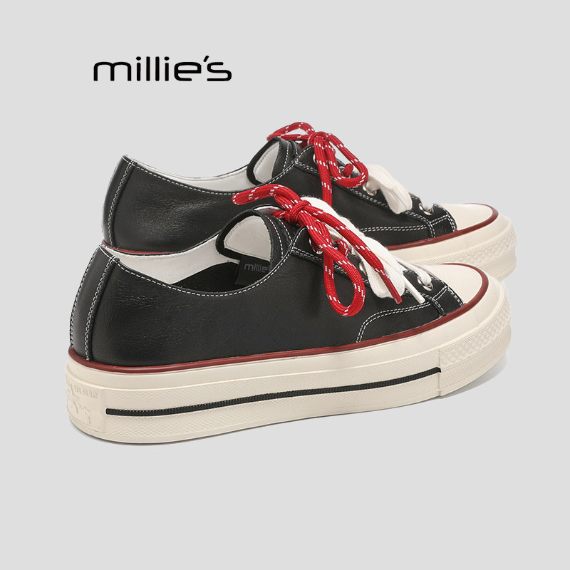 MILLIE'S/妙丽黑色厚底帆布鞋女鞋春季新款女士休闲布鞋板鞋女Q
