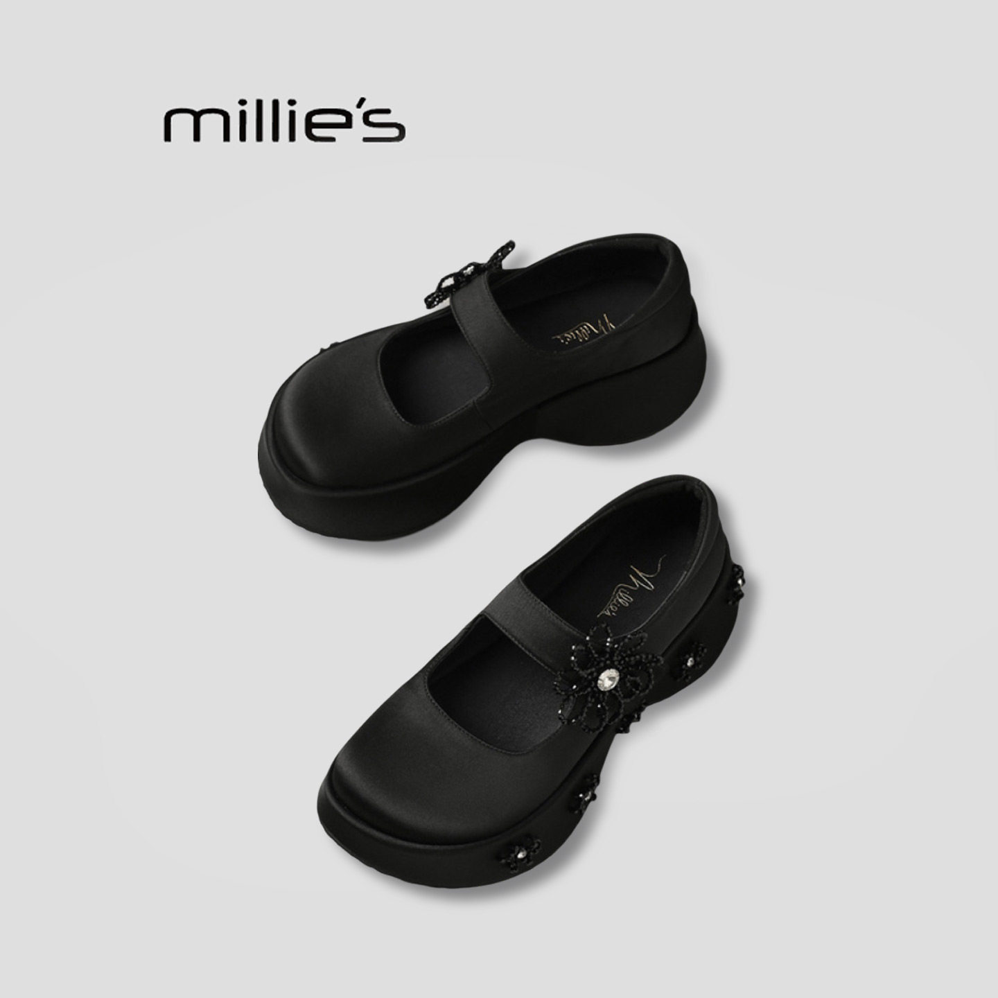 MILLIE'S/妙丽真皮厚底玛丽珍鞋女2026春季黑色一字带学院风增高Q