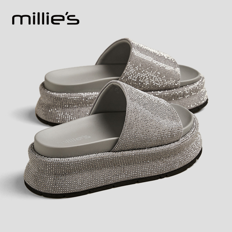 MILLIE'S/妙丽厚底水钻一字拖女