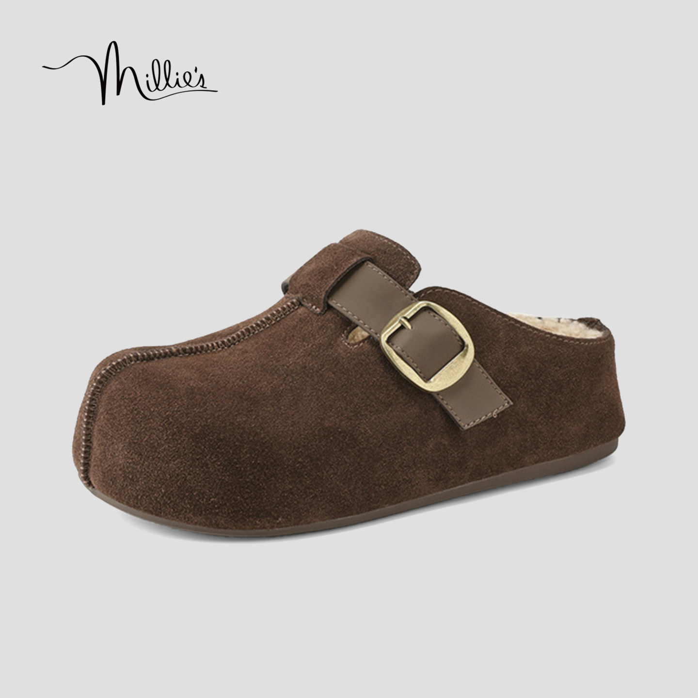 MILLIE'S/妙丽反绒皮勃肯鞋女咖色魔术贴厚底懒人鞋复古德训鞋Q