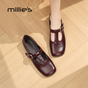 MILLIE'S/妙丽法式复古风玛丽珍鞋女一字带扣平底浅口单鞋酒红色Q