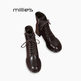 MILLIE'S/妙丽马丁靴女士英伦风工装短靴粗跟底配裙子系带皮带扣Q
