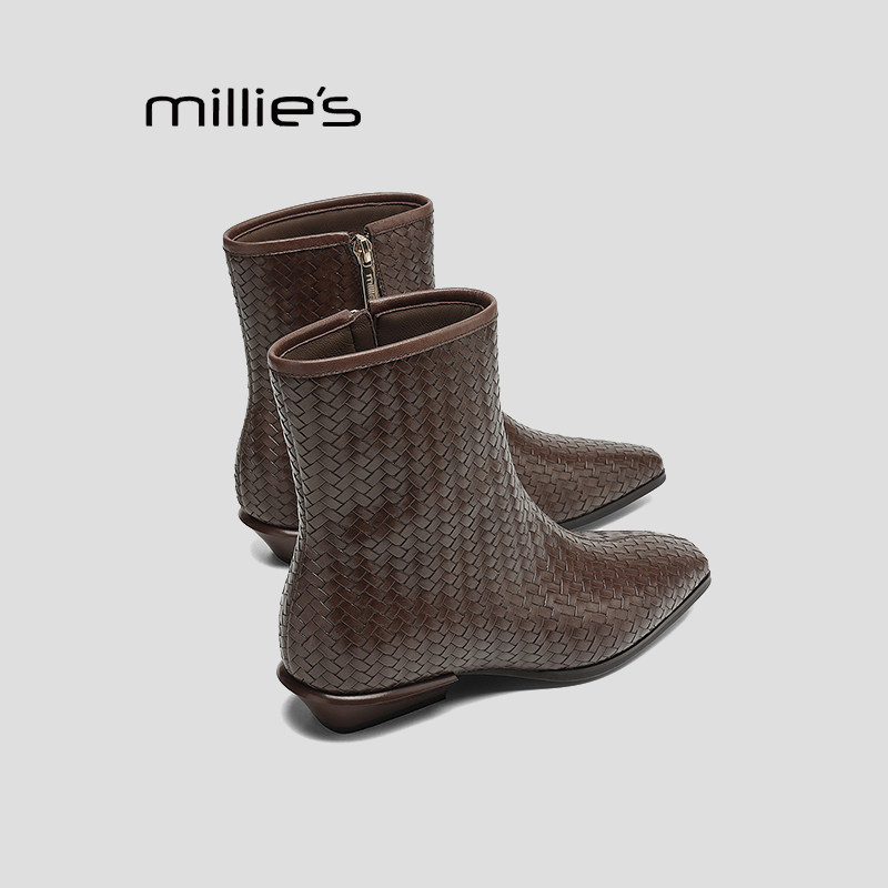 MILLIE'S/妙丽秋冬新款编织宽松套筒坡跟直筒中筒靴时尚短靴女HZ
