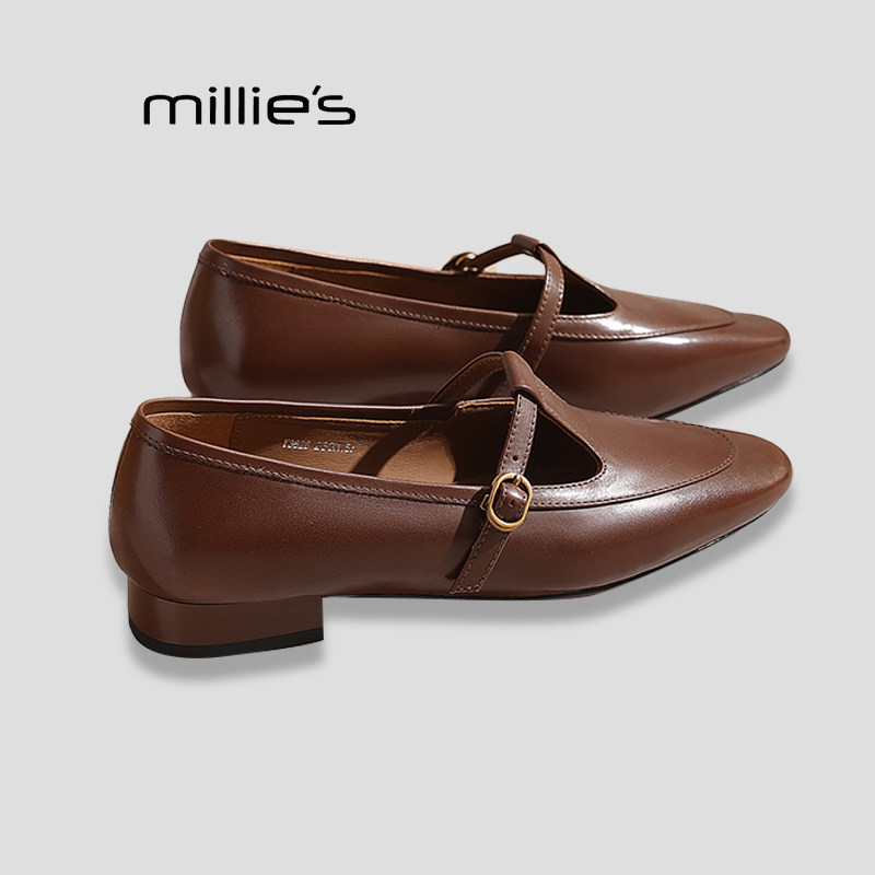 MILLIE'S/妙丽法式百搭小皮鞋女春季新款丁字带粗跟圆头浅口单鞋Q