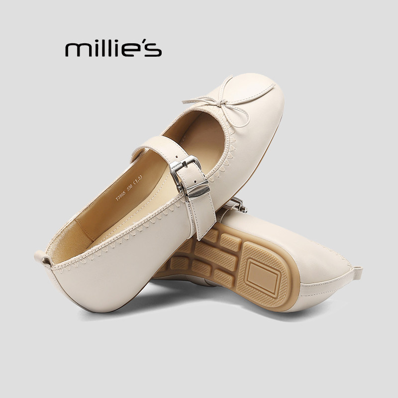 MILLIE'S/妙丽蝴蝶结玛丽珍鞋女平底浅口真皮法式芭蕾舞鞋豆豆鞋Q,女鞋,乐福鞋（豆豆鞋）,淘宝优惠券,粉丝福利购,淘宝优惠卷