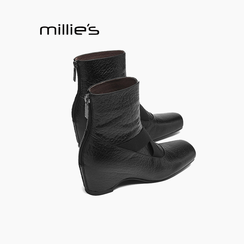 MILLIE'S/妙丽粗跟方头短筒靴女交叉带芭蕾靴后拉链弹力瘦瘦靴Q,女鞋,马丁靴,淘宝优惠券,粉丝福利购,淘宝优惠卷
