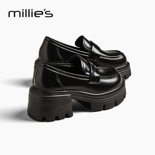 MILLIE'S/妙丽厚底真皮乐福鞋女小个子增高一脚蹬英伦风小皮鞋秋