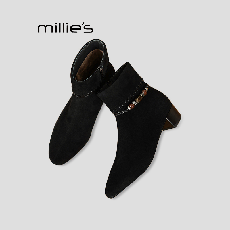 MILLIE'S/妙丽尖头粗跟高跟短靴