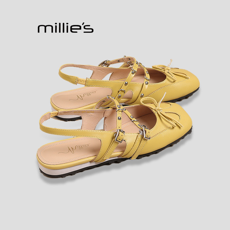 MILLIE'S/妙丽巨好看复古芭蕾风平底凉鞋夏季款一字扣包头罗马鞋P