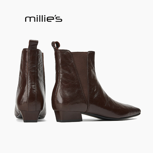 MILLIE'S/妙丽复古尖头平底手抓纹羊皮真皮加绒切尔西短靴秋冬