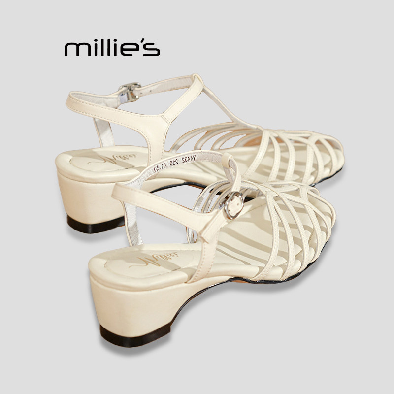 MILLIE'S/妙丽巨好看夏季新款百搭复古编织猪笼鞋粗跟罗马凉鞋女P