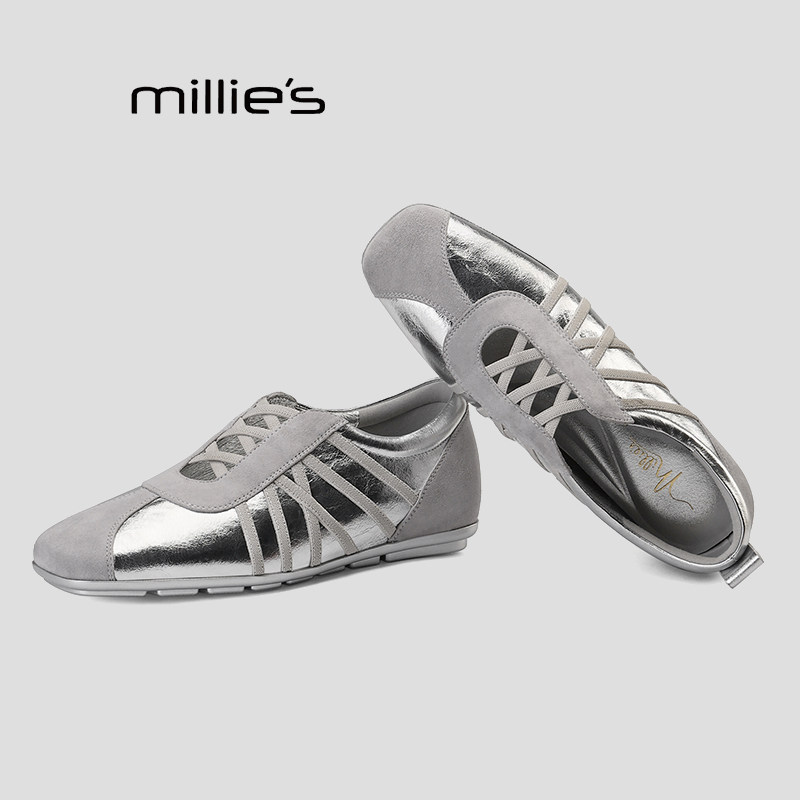 MILLIE'S/妙丽银色芭蕾风交叉绑带德训鞋女款平底休闲运动鞋单鞋Q,女鞋,德训鞋,淘宝优惠券,粉丝福利购,淘宝优惠卷