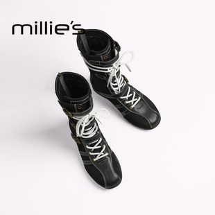新款 MILLIE 马丁靴女2025年秋季 妙丽秋时尚 系带骑士短靴西部靴Z