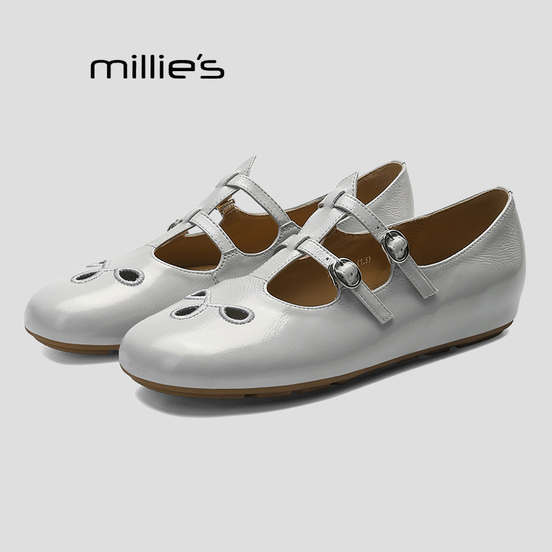 MILLIE'S/妙丽复古风玛丽珍鞋女浅灰色双扣带平底百搭舒适乐福鞋Q,女鞋,乐福鞋（豆豆鞋）,淘宝优惠券,粉丝福利购,淘宝优惠卷
