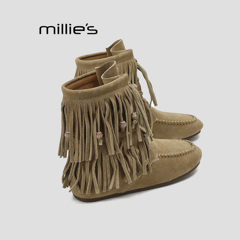 MILLIE'S/妙丽2026新款秋冬真皮平底短靴马丁靴流苏靴机踝靴HQ