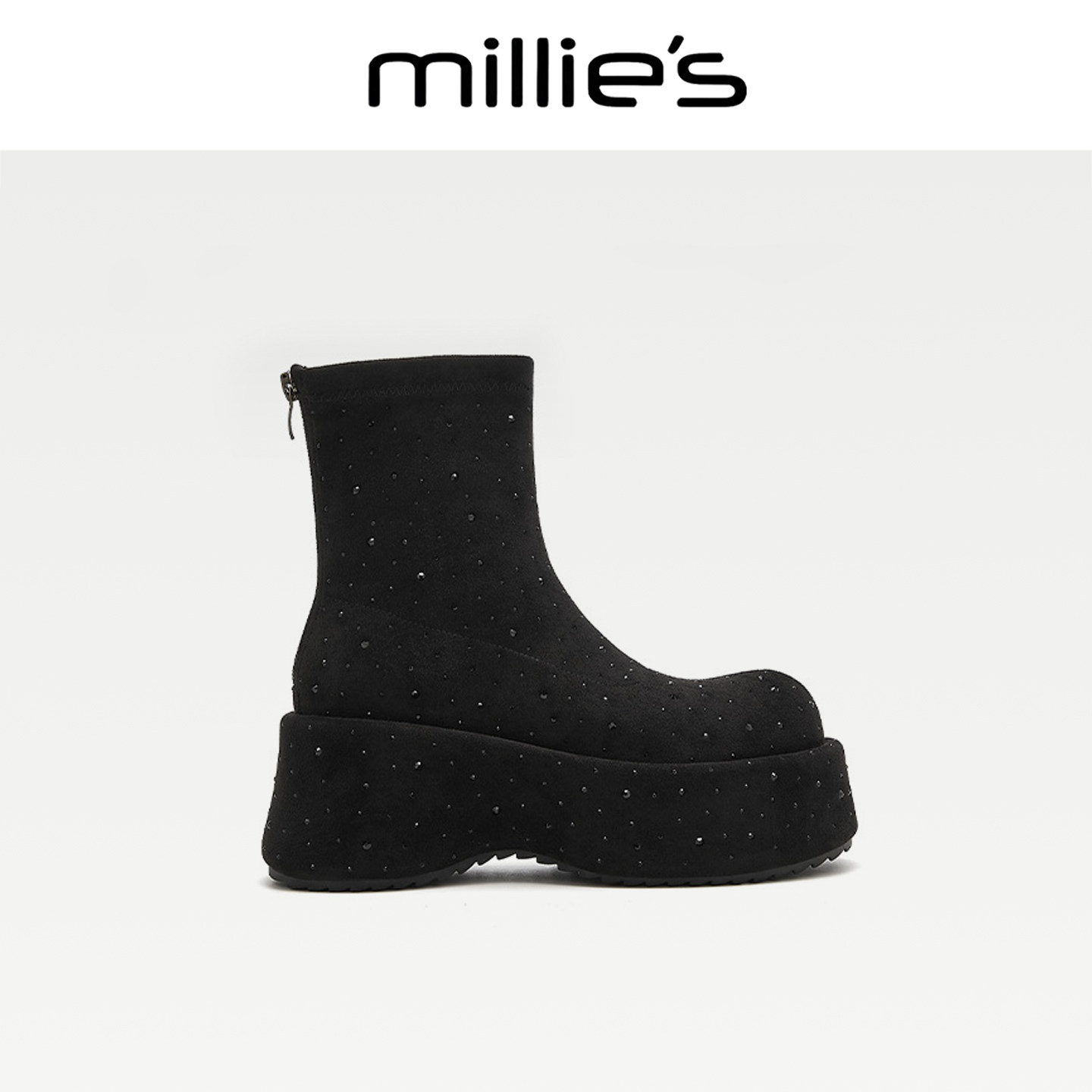 MILLIE'S/妙丽厚底黑色弹力靴冬季加绒加厚复古短筒瘦瘦机车靴CZ,女鞋,马丁靴,淘宝优惠券,粉丝福利购,淘宝优惠卷